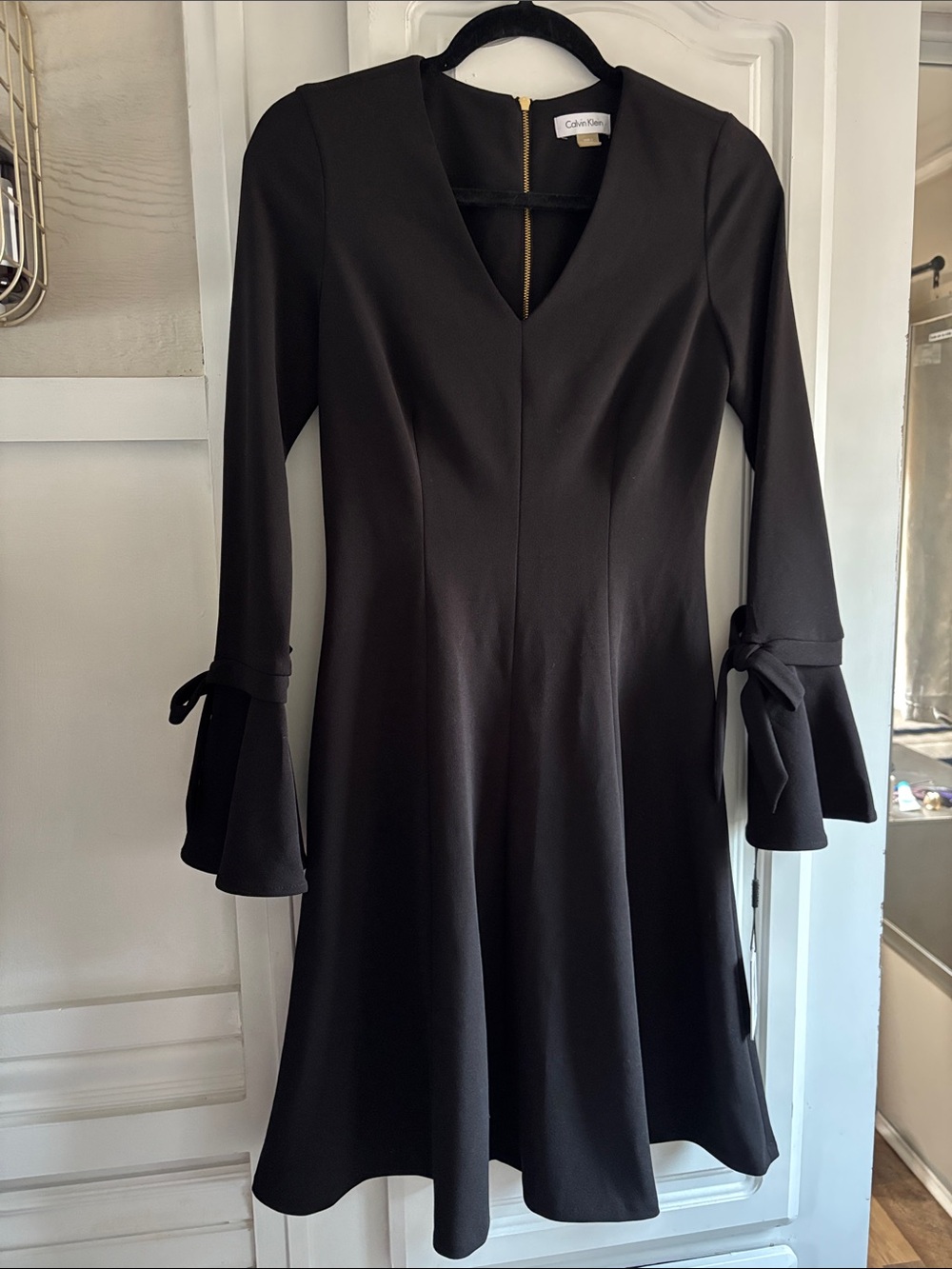 Calvin Klein Black V-Neck Long-Sleeve A-Line Dress with Tie Cuffs